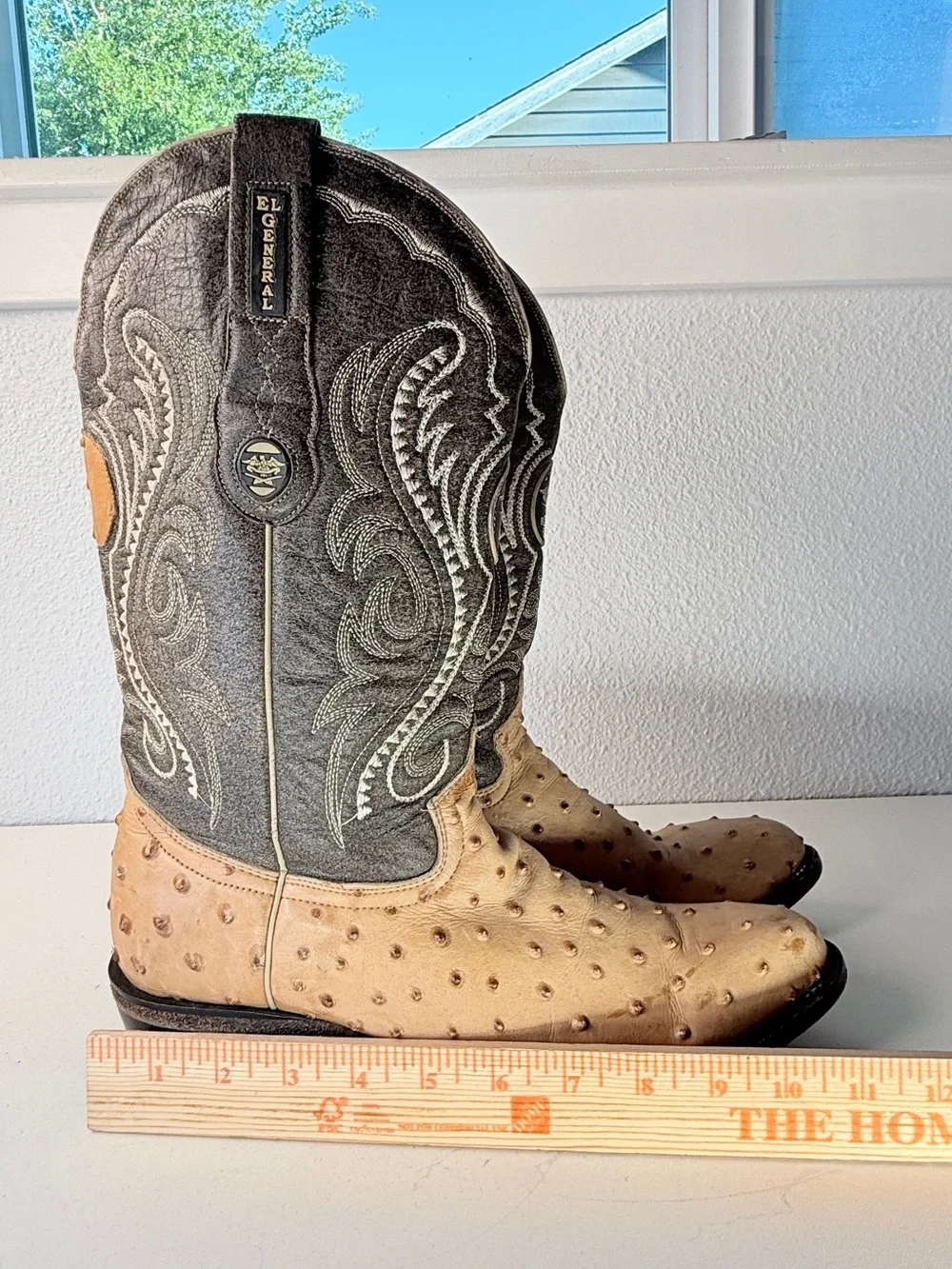 El General Ostrich Print Western Cowboy Boots Size 8 Tan Leather Embroidered